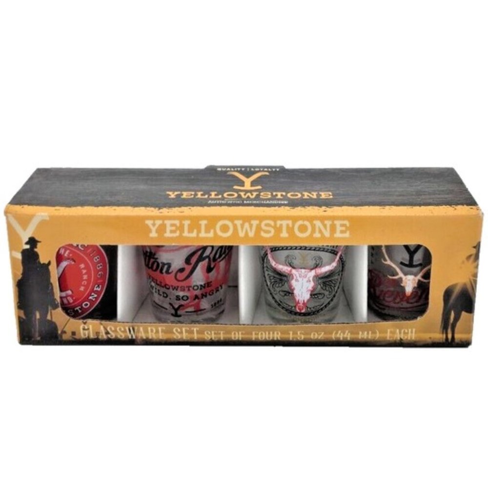 Yellowstone Dutton Ranch Icons Multi Badge 4PC Mini Shot Glass Set 4x1, 1.5OZ
